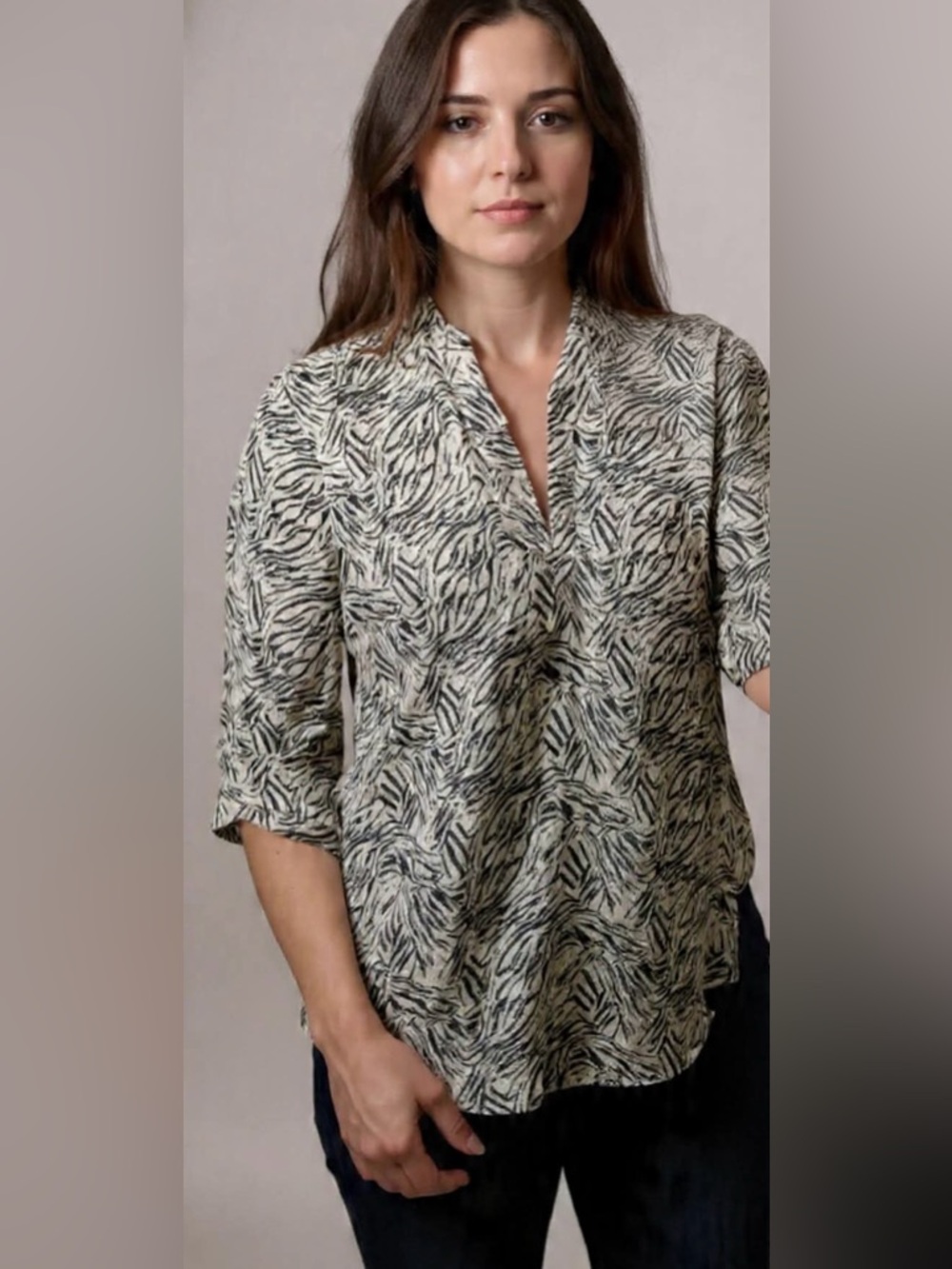Lush Black and Cream Zebra Print V-Neck Blouse